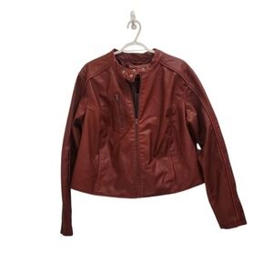 Burgundy Faux Leather Moto Jacket, Asymmetrical Zip Front, Biker Style
